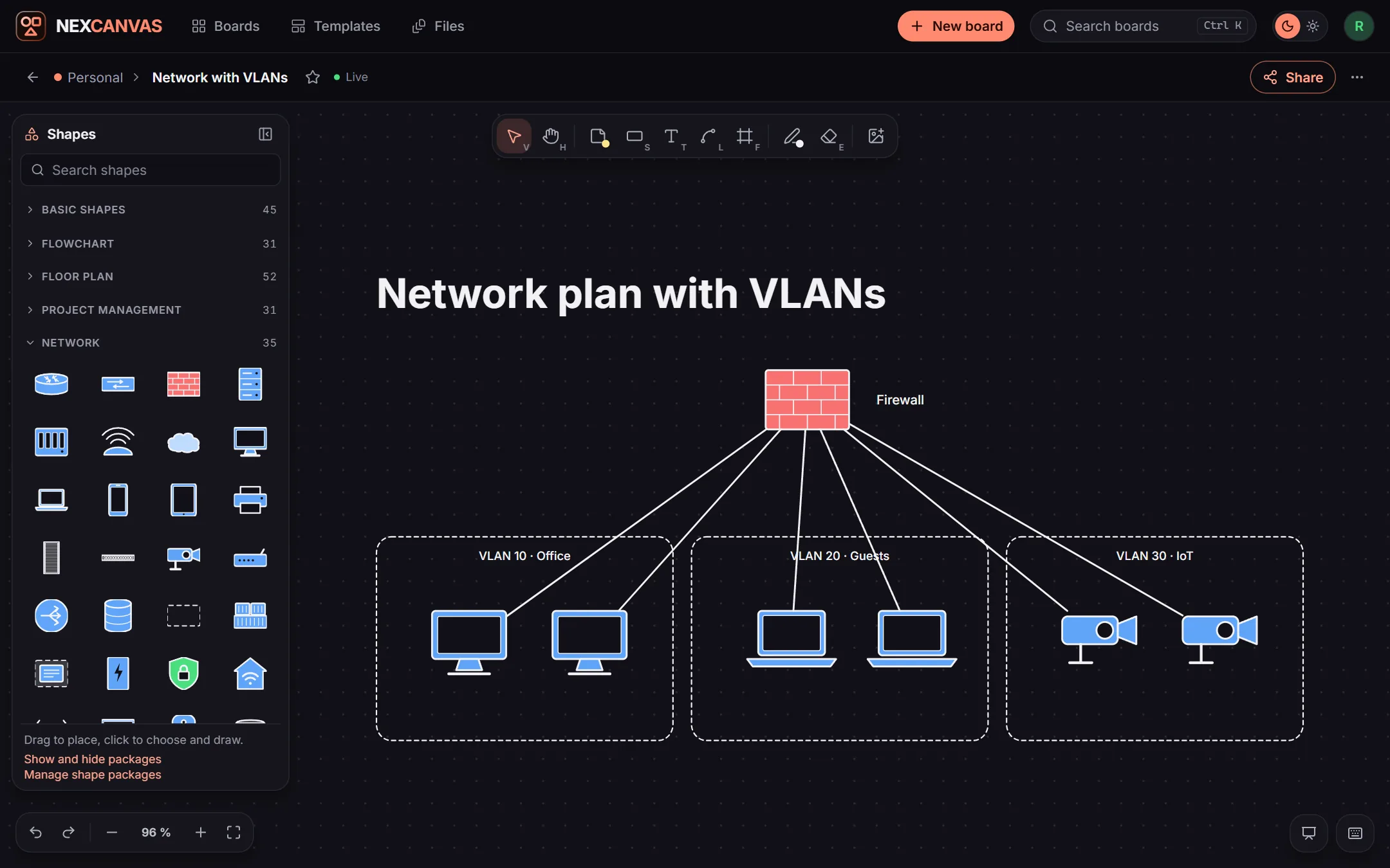 Ein Netzwerkplan mit VLANs in nexcanvas, links die Leiste mit den Formen