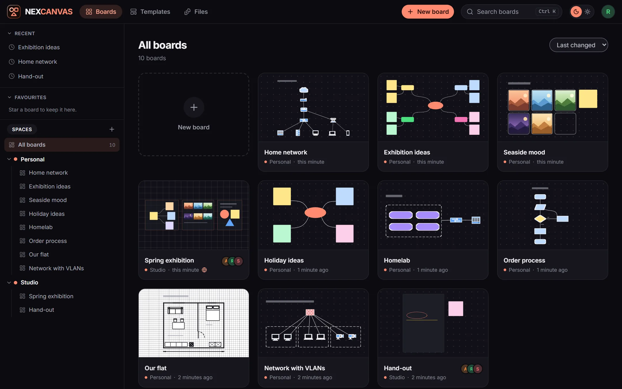 The All boards overview with cards that include a preview picture, on the left the sidebar with favourites and spaces