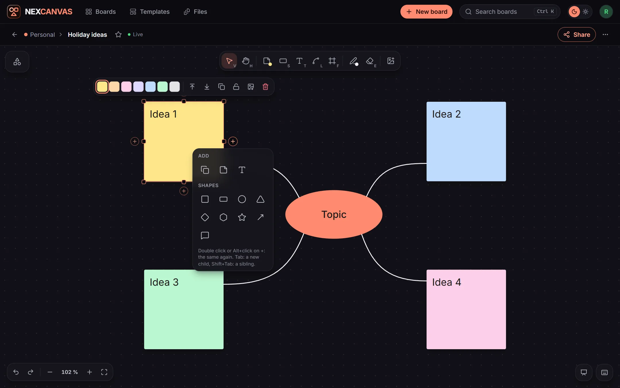 Eine Mindmap, eine Notiz ist ausgewählt, darunter das Menü zum Anhängen