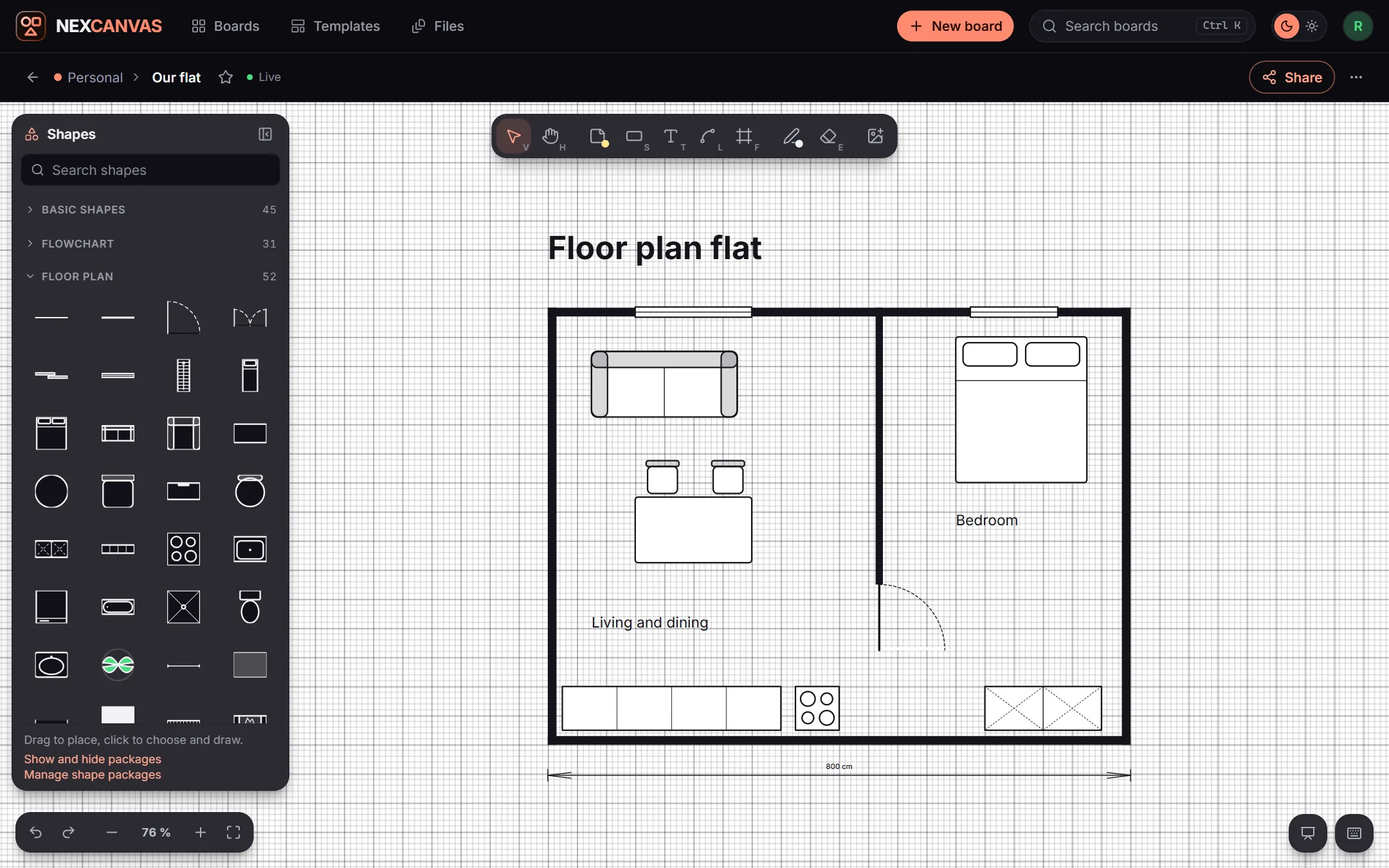 A floor plan of a flat to scale, with furniture on squared paper