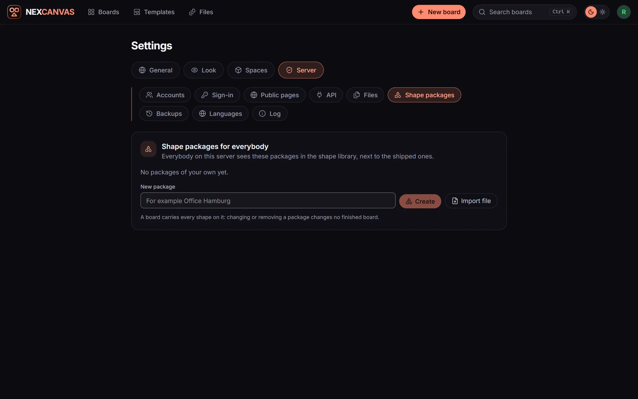 Settings, Server, Shape packages with the field for a new package and the Import file button