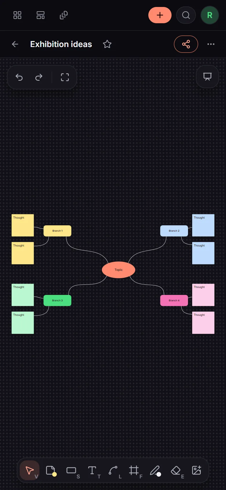 nexcanvas on a phone with a mind map and the toolbar along the bottom edge