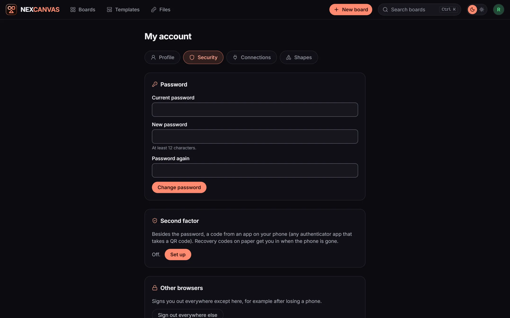 My account, Security tab with Change password, second factor and other browsers