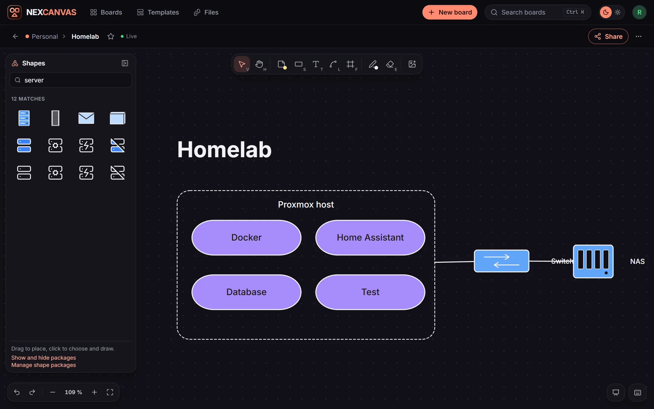 The shape library with a search for server and twelve results, and a homelab plan on the right