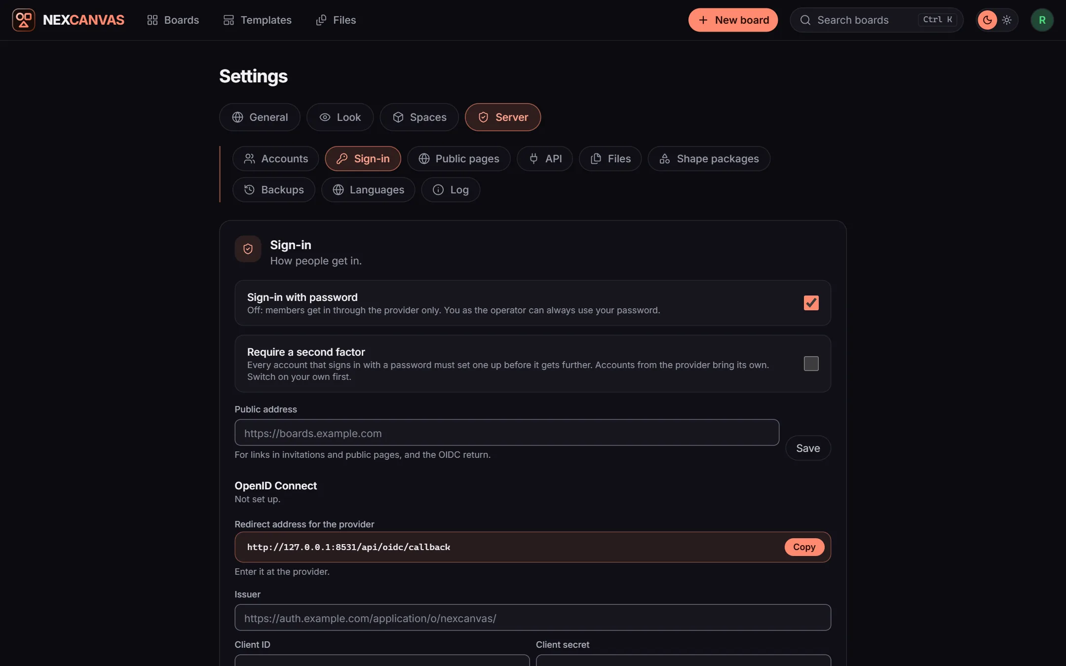 Einstellungen, Server, Anmeldung mit Passwortanmeldung, zweitem Faktor, öffentlicher Adresse und OpenID Connect