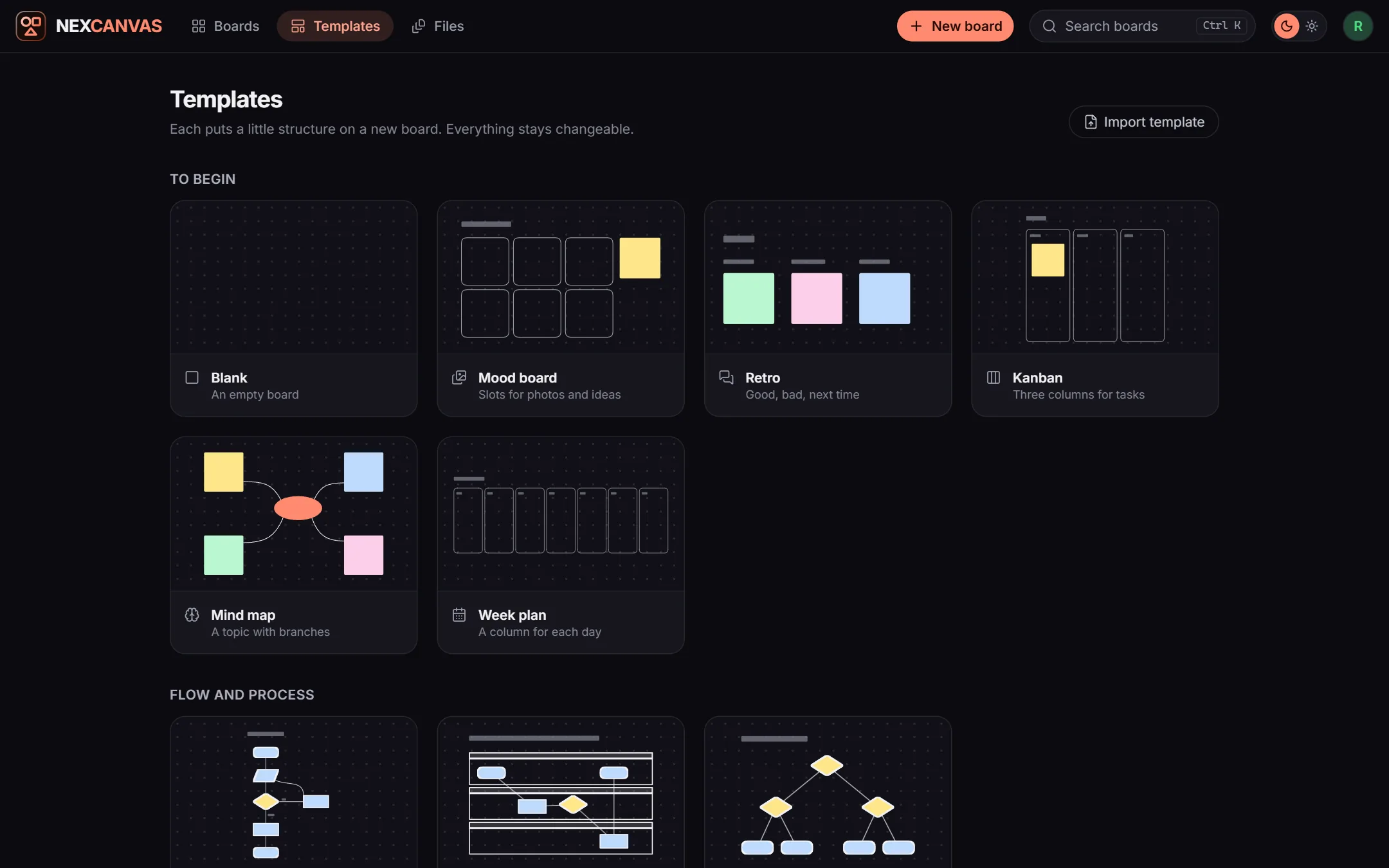The Templates page with preview images in groups