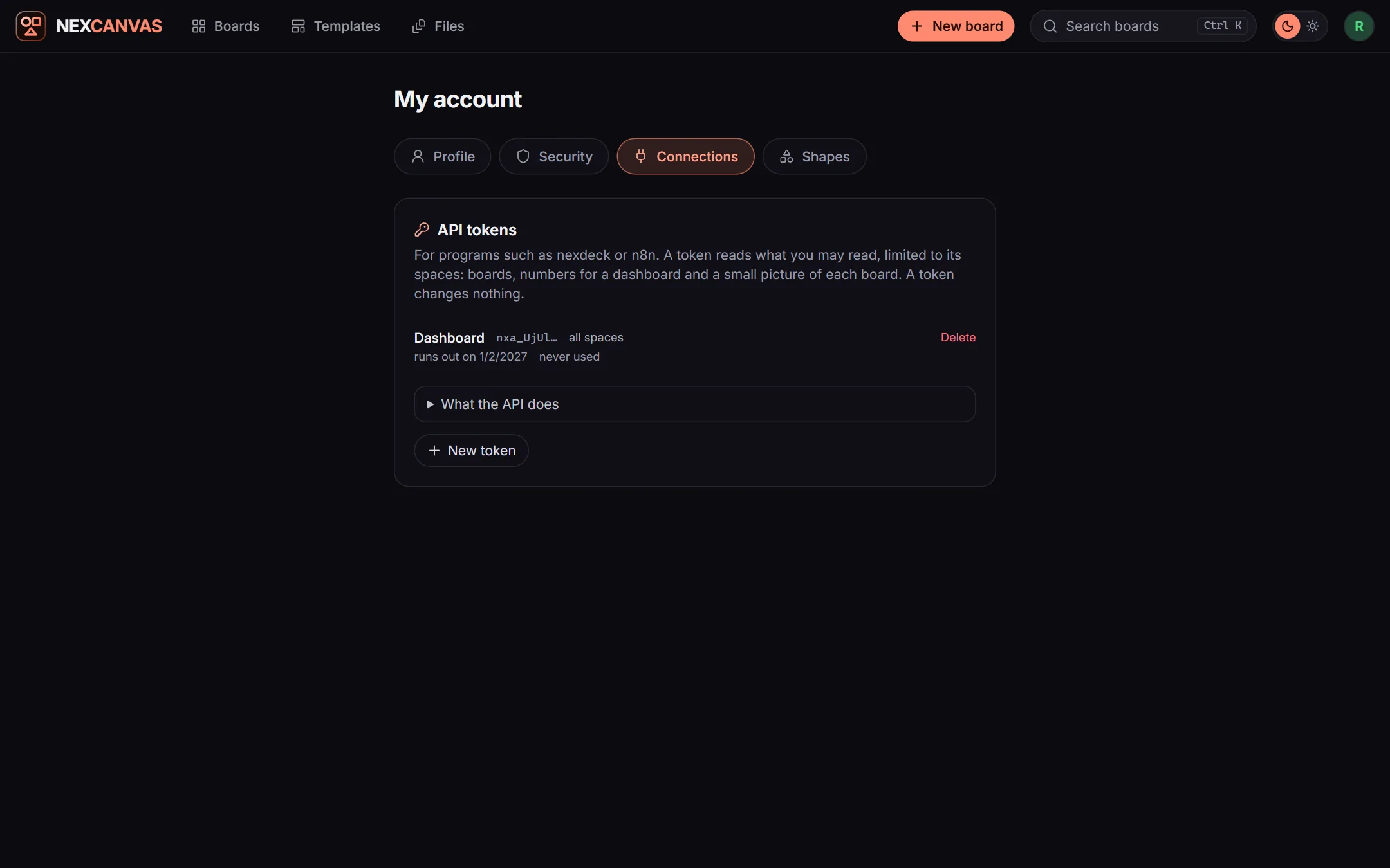 Mein Konto, Verbindungen mit der Karte API-Token, darin ein Token namens Dashboard und der Knopf für ein neues